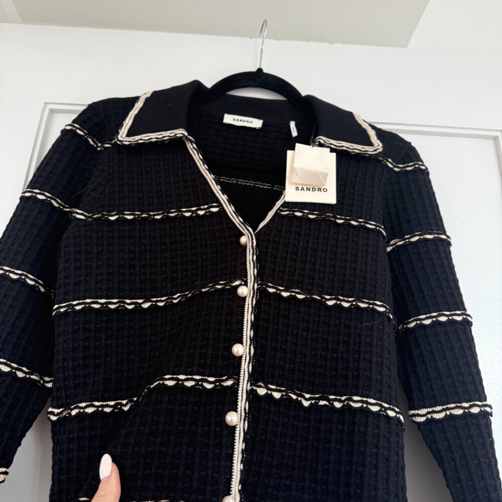 NWT Sandro Andina Cropped Cardigan Sweater Black Waffle Knit Embroidered Striped - Picture 5 of 9